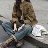 Veste courte en jean rétro marron pour femme Col montant Style utilitaire Coupe ample Automne 2026