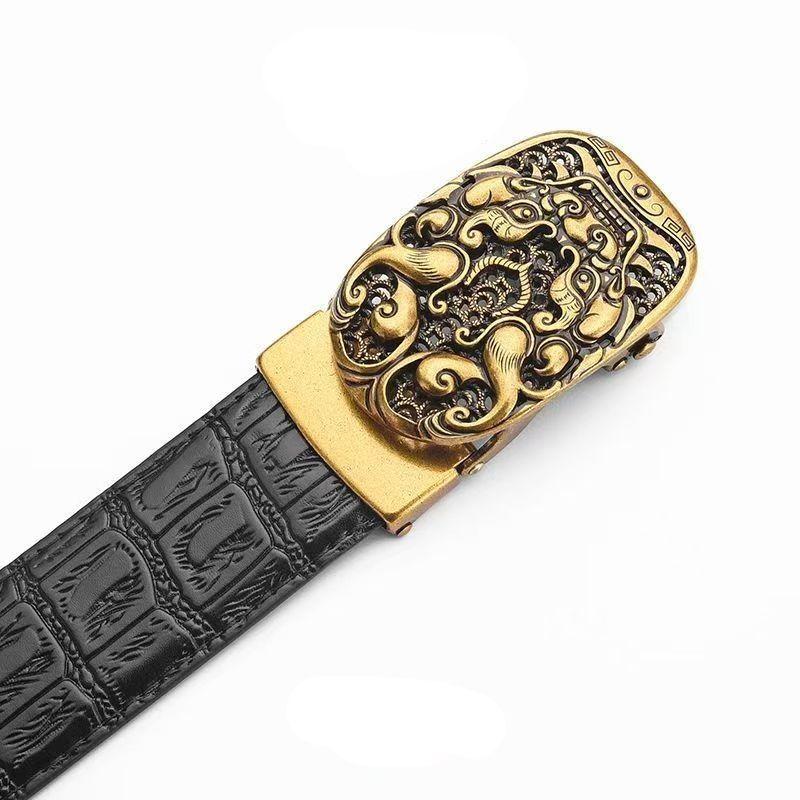 

FLEXFIL Men Chinese vintage Leather Belt Metal Business Fashion Classic brand leisure Cowskin Waist Strap Jeans Men Belt 125cm золотий