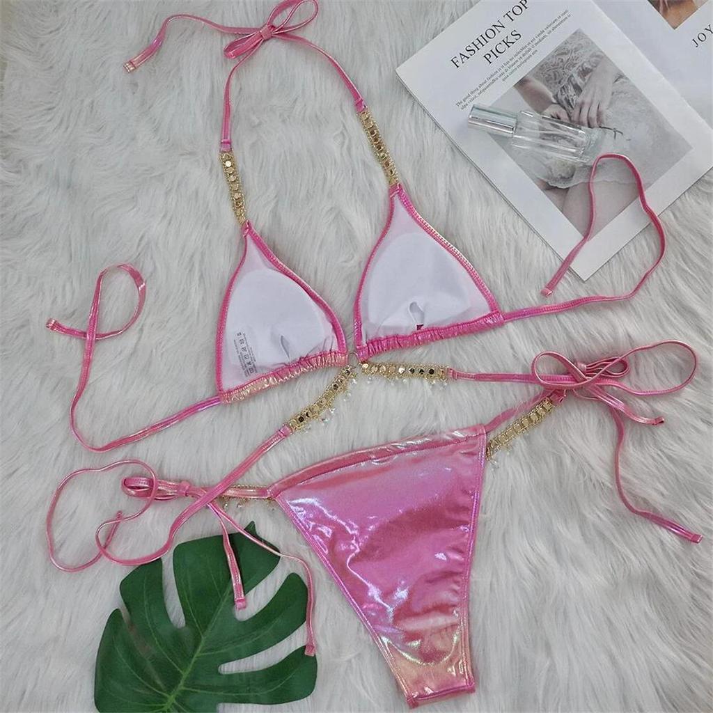 Diamond Rhinestones PU Faux Leather Bikini Female Swimsuit Women Swimwear Two-pieces Bikini Set Bather Bathing Suit Swim