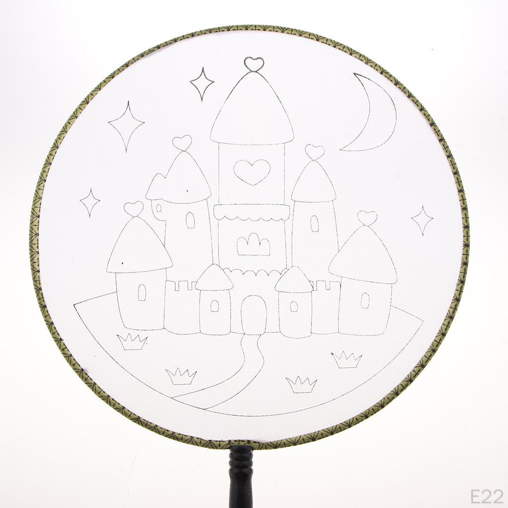 1 piece Ancient Handheld Fan Round Paddle Mandarin Handle with Fabric, Blank Patterns