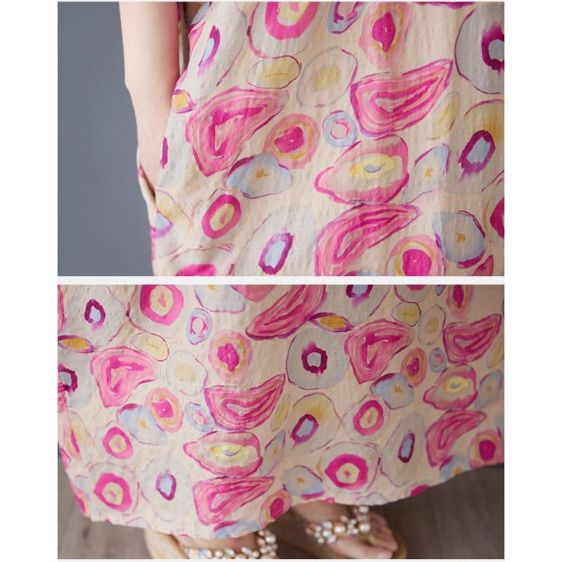 Dimanaf 2025 Summer Women Printing Linen Plus Size Long Dress Short Sleeve Vintage Casual V-Neck Basic Loose Dress