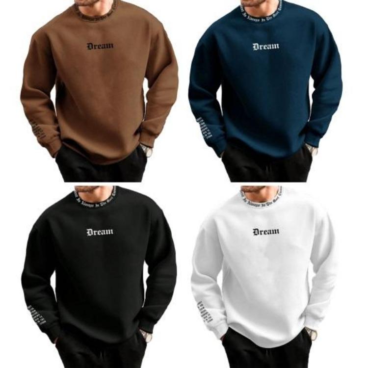 Men Casual Thick Warm Sweatshirt Fall Winter Letter Print Round Neck Long Sleeve Loose Soft Top