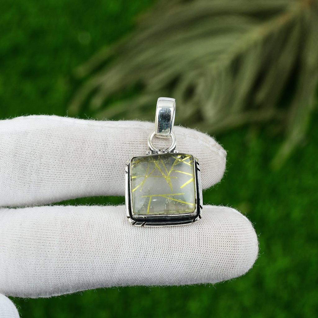 Square Natural Golden Rutile Mother Bezel Trendy Pendant Jewelry Sterling Silver