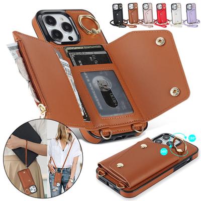 Capa de telefone tipo carteira de couro com cordão para iPhone 15 14 Plus 13 12 11 para Samsung Galaxy S23 Ultra S22 Plus S21 FE A54 A14 Note 20 Crossbody FlipCover