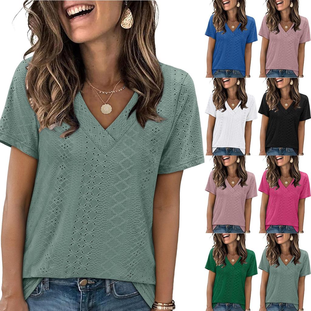 Women's Fashion Casual Short Sleeve V-Neck Court Lock T-Shirt Top