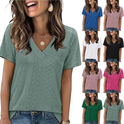 Damenmode Lässig Kurzarm V-Ausschnitt Hofschloss T-Shirt Top