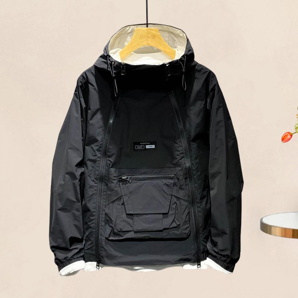 Herren Trenchcoat Mit Kapuze Kordelzug Langarm Doppelreißverschluss Cargotops Einfarbig Große Tasche Streetstyle Oberbekleidung Hohe Qualität