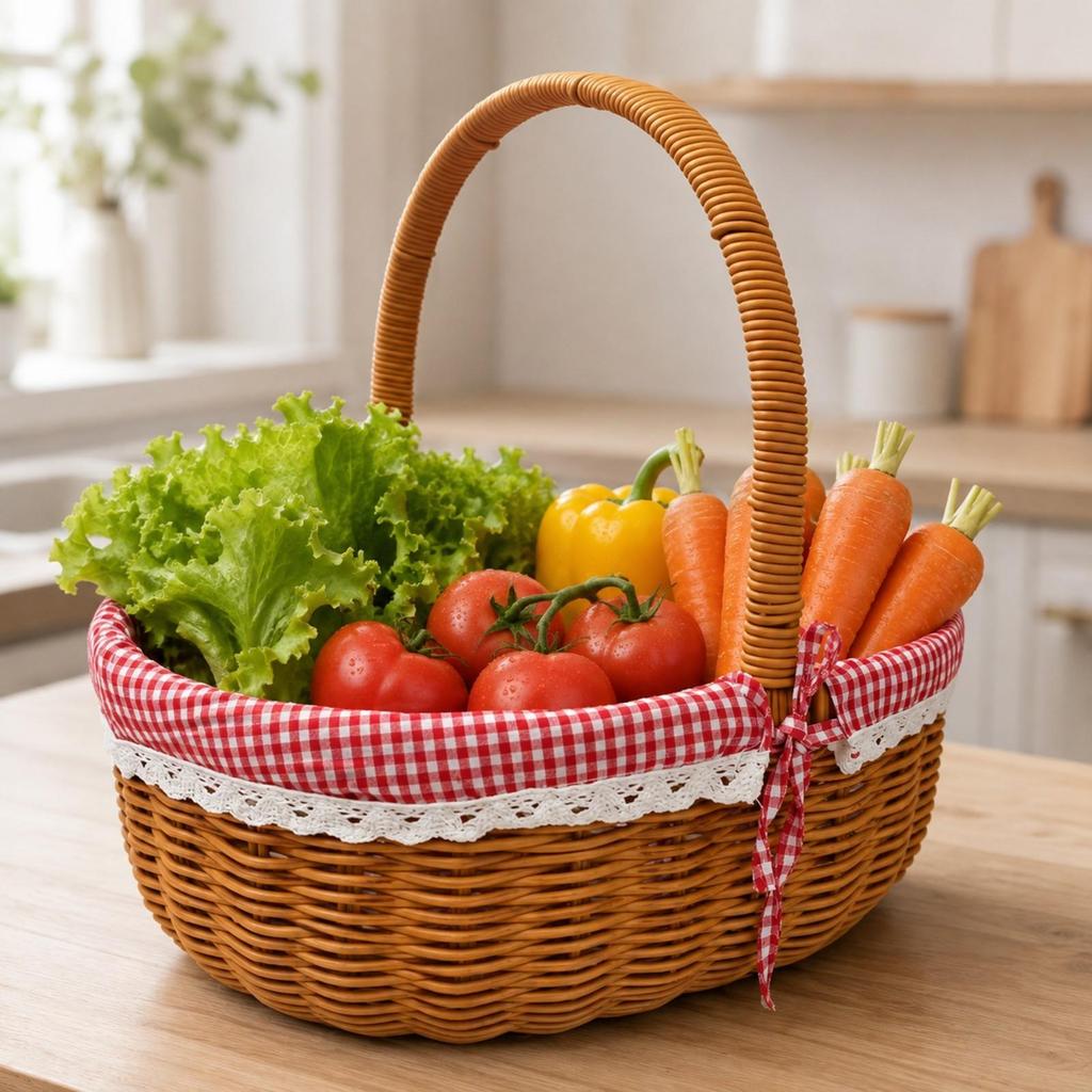 Imitation Rattan Produce Basket Handwoven Look Oval Portable for Kitchen Storage,