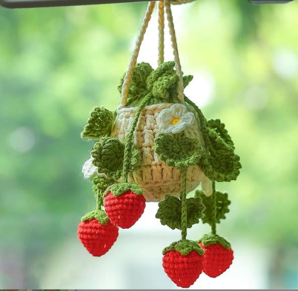 Car Plant Crochet Hanging Basket, Plant Strawberry Hanging Plant for Car Decor, Car Ornaments Charms for Rear View Mirror