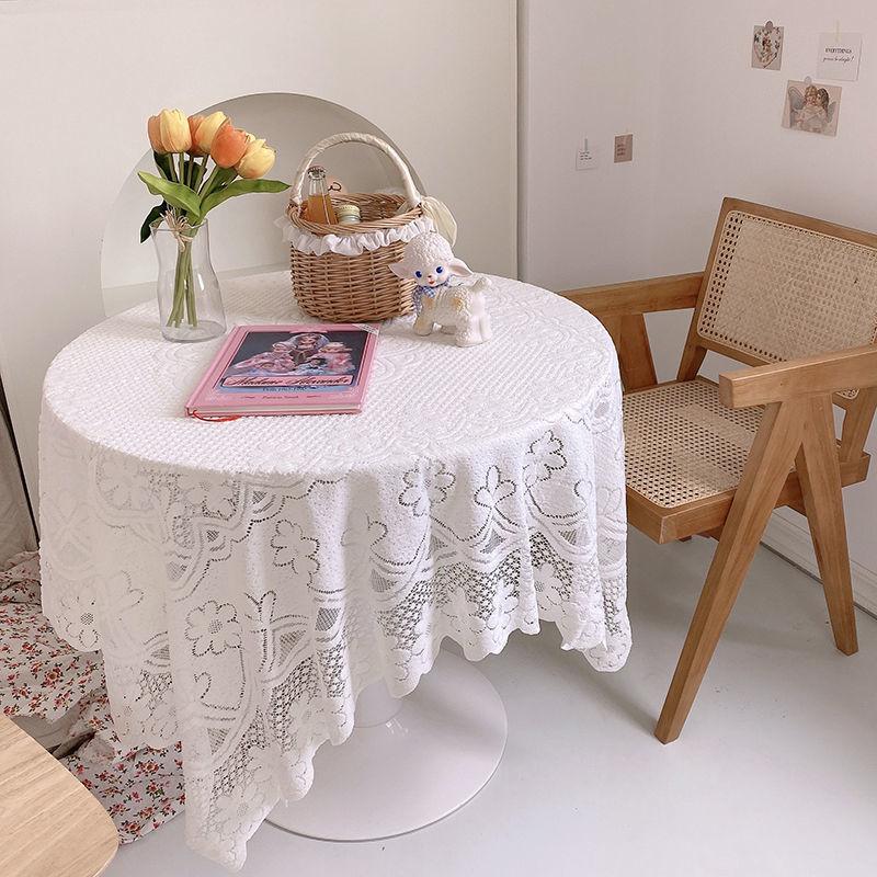 1pc Simple Lace Tablecloth Home Decoration White Chiffon Knitting Cafe Restaurant Background Cloth Decorative Cloth Non-slip French Style Tablecloth