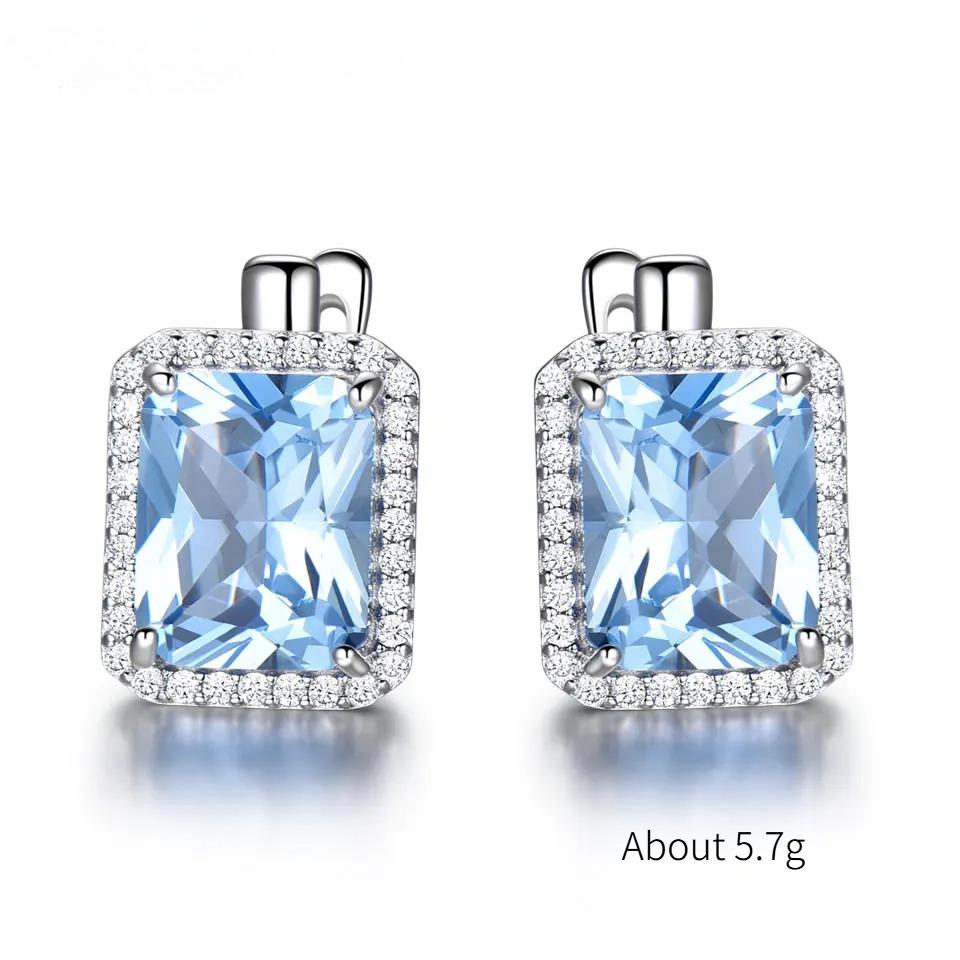 925 Sterling Silver Luxury Nano Sky Blue Topaz  Emerald Gemstone Clip On Earrings Earrings For Women Birthday Fine Jewelry Gift Sky Blue Nano