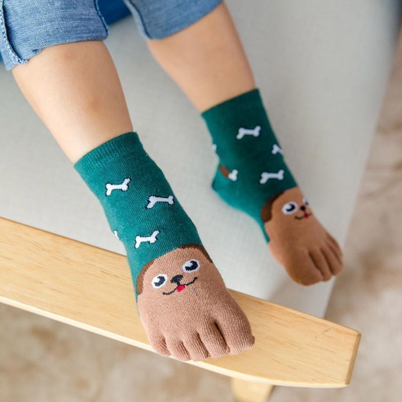 Boys Girls Cute Cartoon Five Fingers Sock Kids Breathable Toe Cotton Hosiery