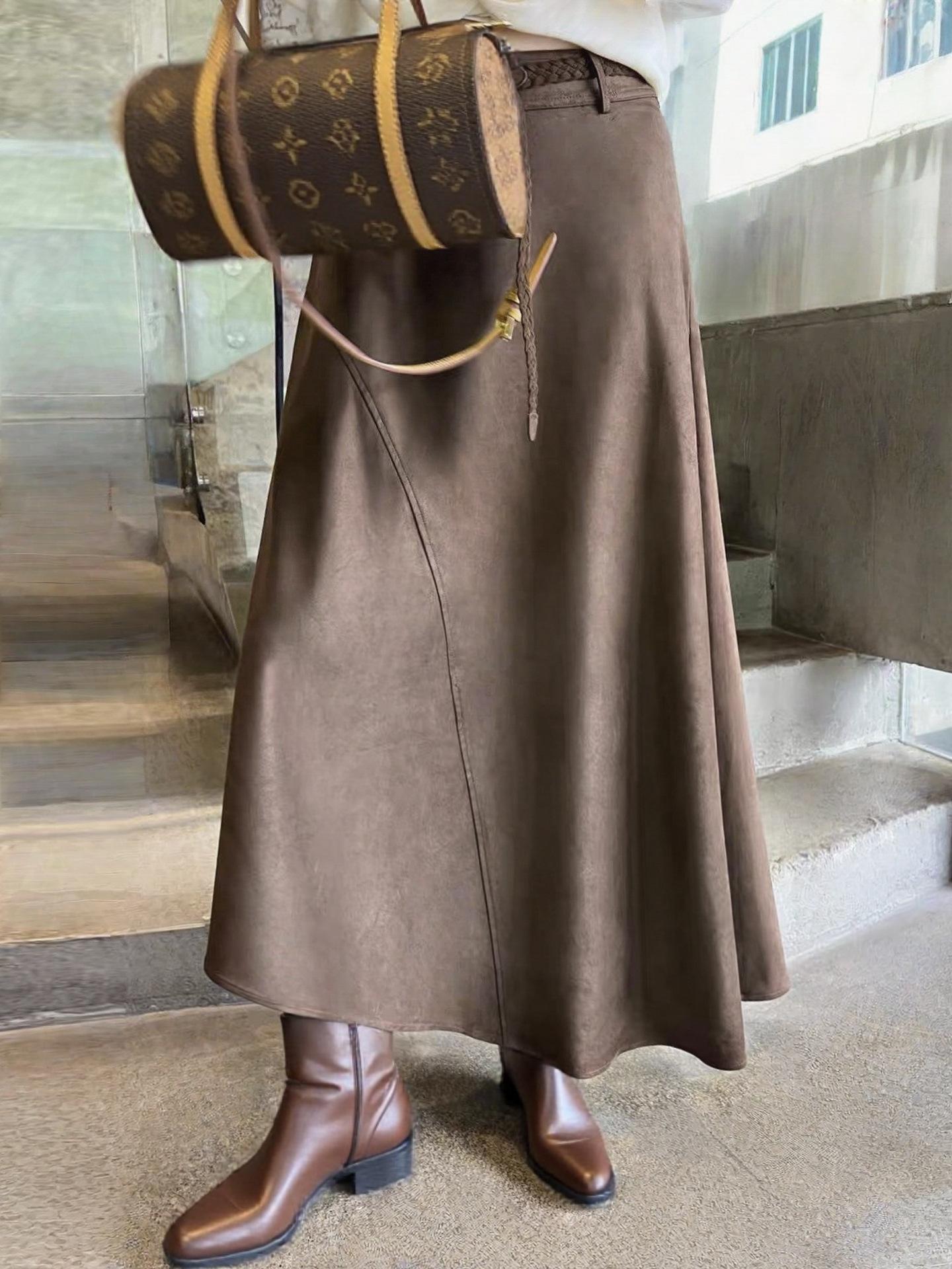 

Жіноча ретро замшева А-силуетна міді спідниця - Осінь/Зима 2025, Висока посадка, Драпірування, Універсальна