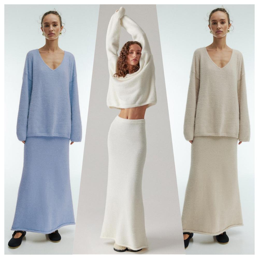 Dámský podzimní a zimní jednoduchý pletený svetr s výstřihem do V a sukní do poloviny těla