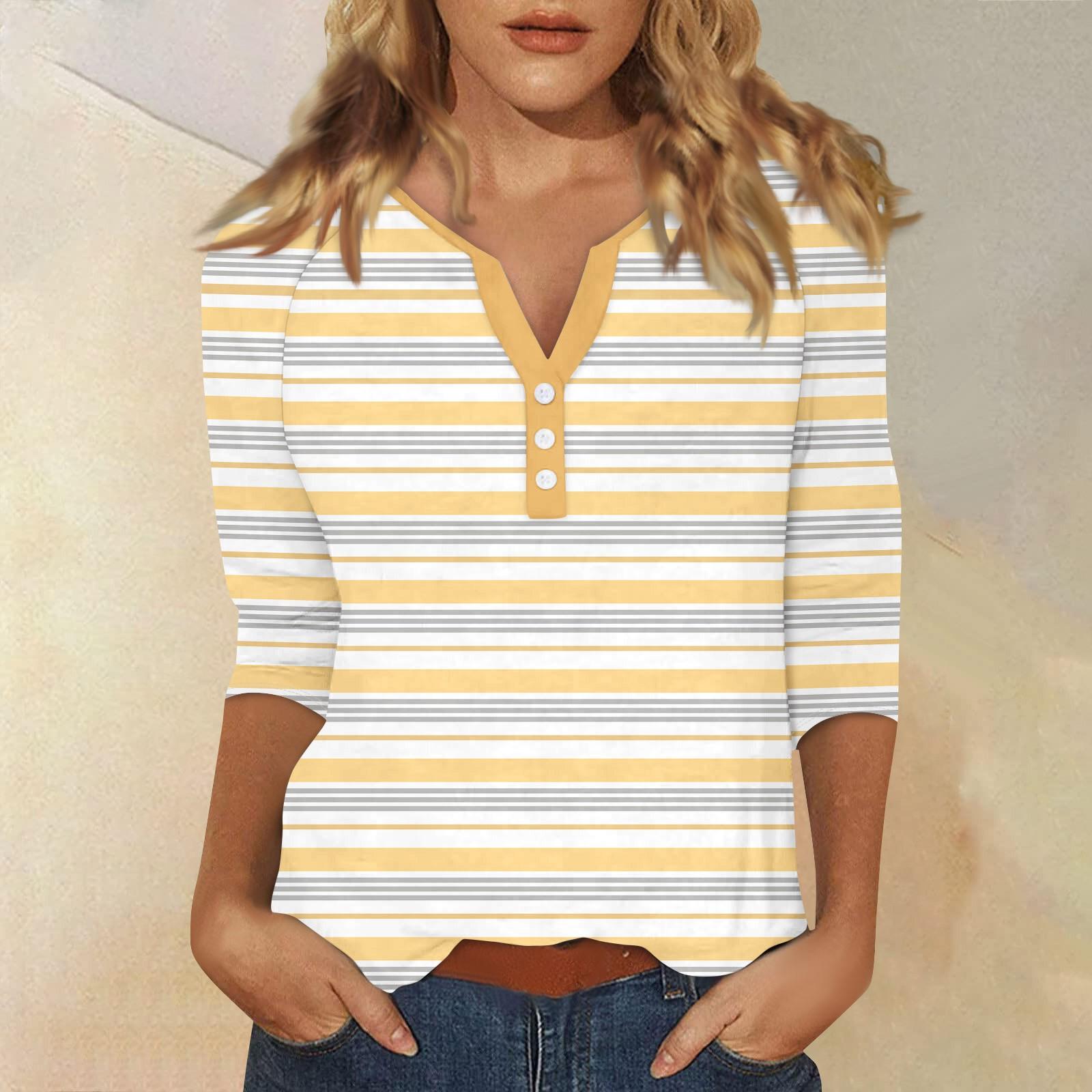 

Жен. Футболка Футболка С принтом Пуговицы Рукав 3/4 Повседневные Выходные Мода Классический Классический V-образный вырез Обычный Верх XL жёлтый