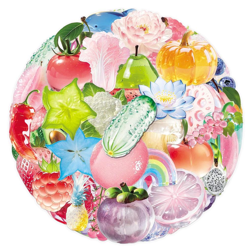 50 Transparent Waterproof PET Stickers - Colorful Fruit & Food Designs for Water Bottles