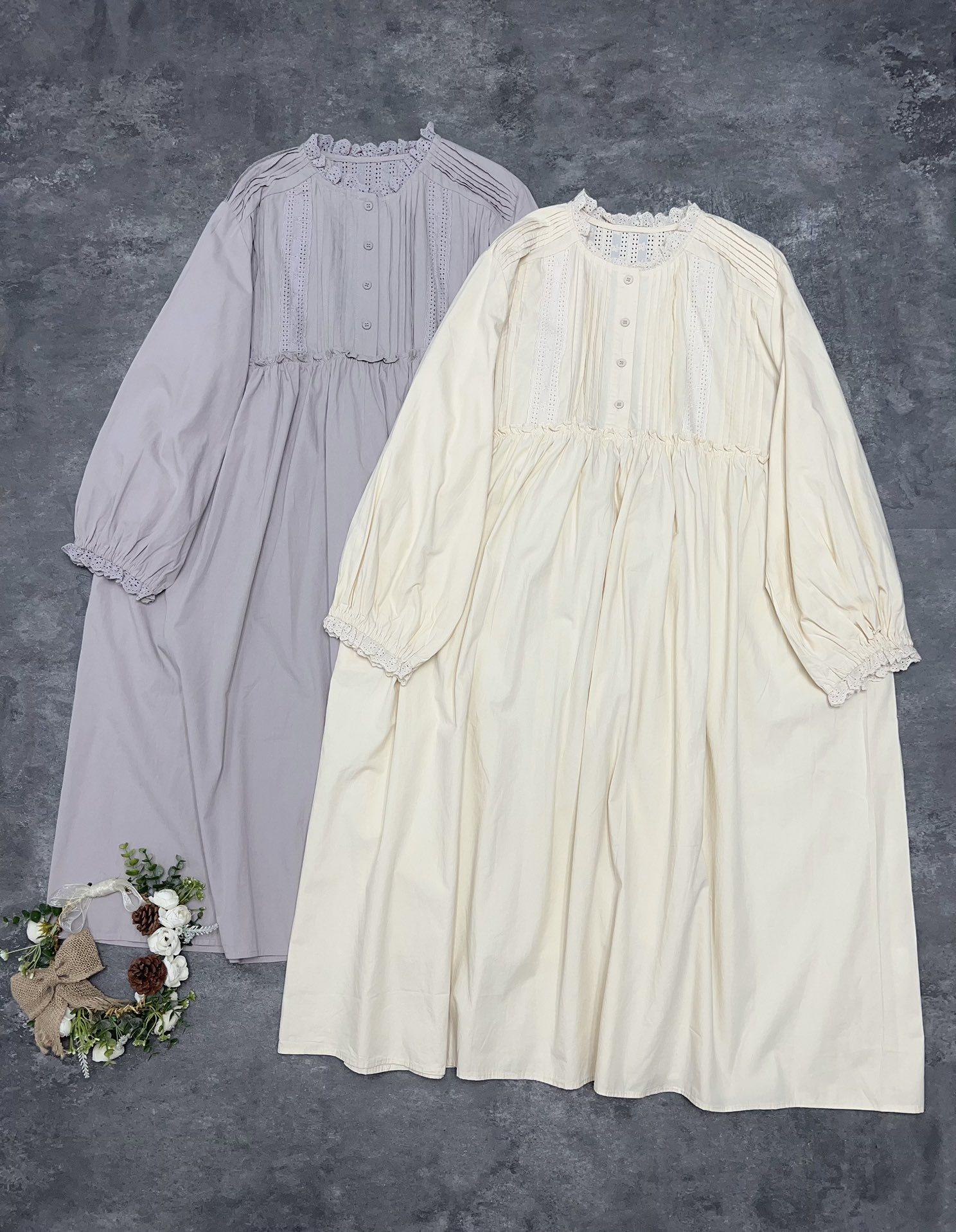 

Johnature Японские женские платья с лесной плиссировкой и отделкой в виде грибка Осенние кружевные ретро повседневные свободные хлопковые женские платья One Size бежевый