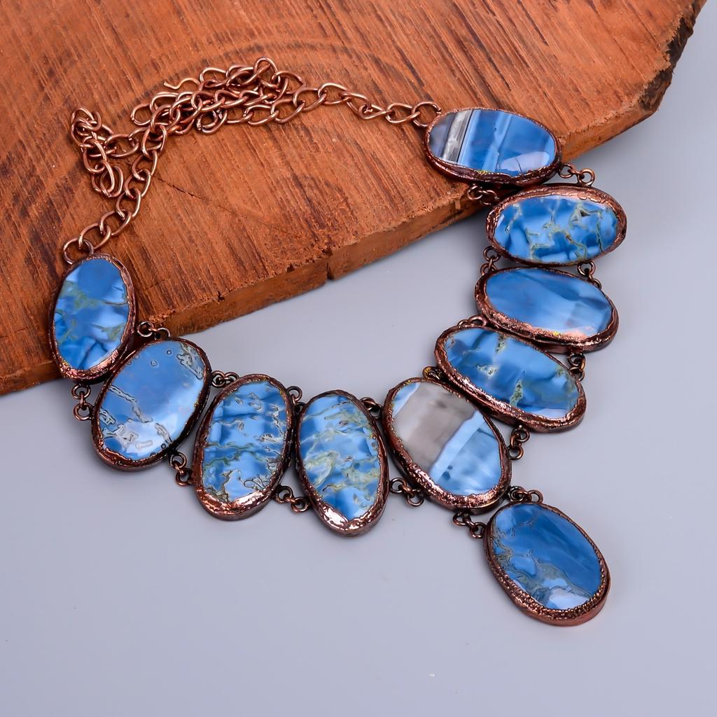 Natural Owyhee Blue Opal Copper Mother Gift Electroformed Chain Necklace Jewelry V-83