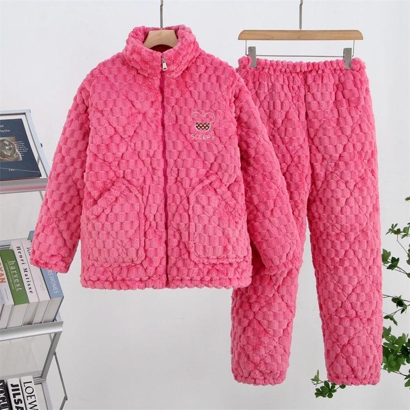 Thickened pajamas women's winter three-layer coral fleece padded cotton can be worn outside, plus sweet loungewear set