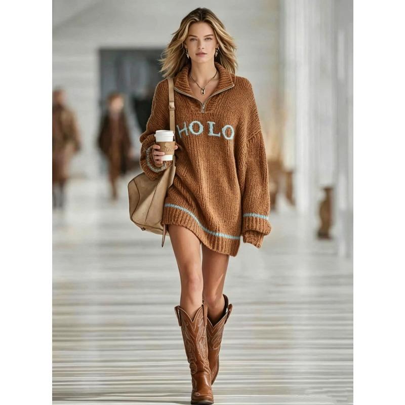 Autumn and winter popular new women's loose letter jacquard sweater zipper lapel mini knitted women's dress