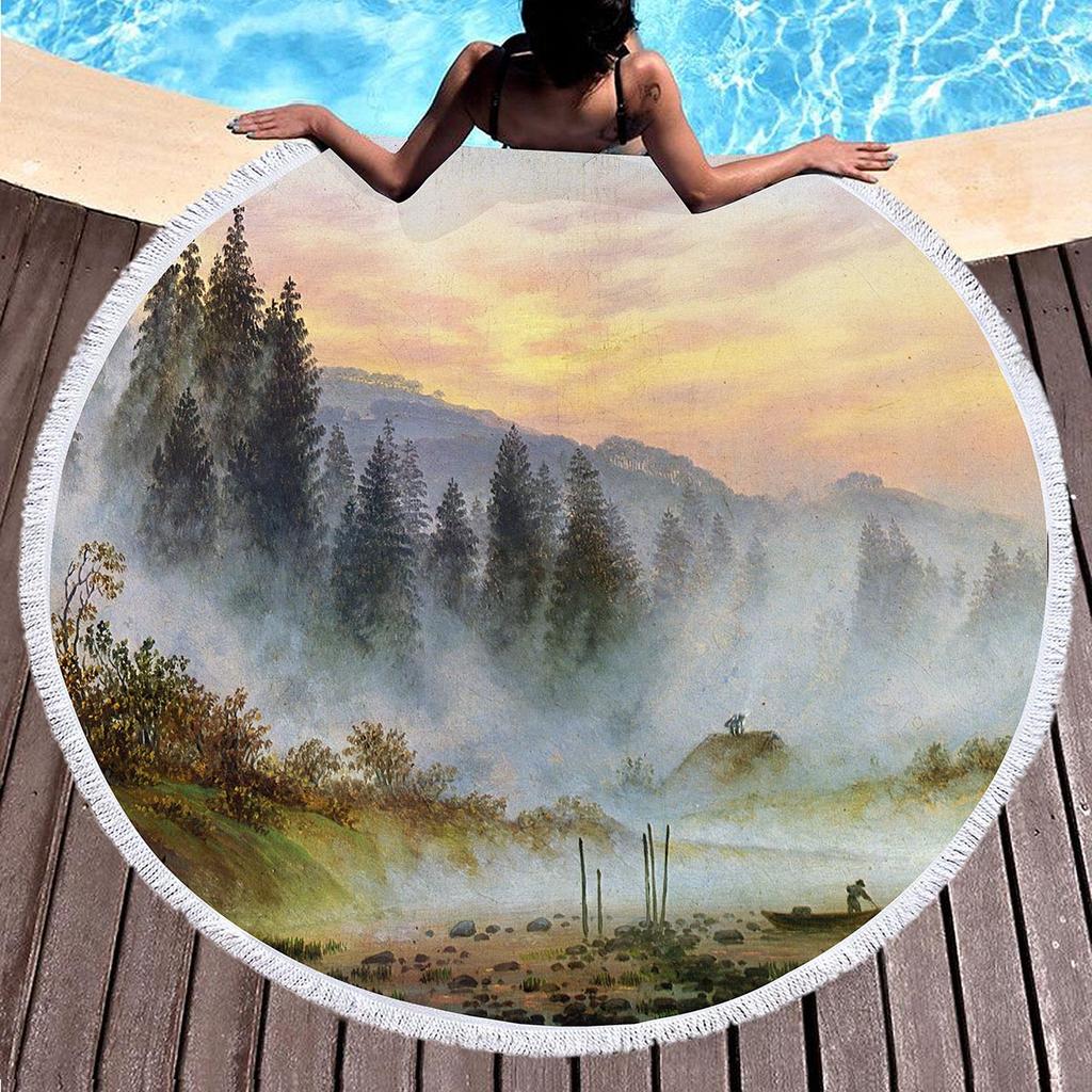 Landscape Art Oil Painting Round Beach Blanket Water Absorbent And Quick Drying Polyester Beach Towel Pool Towel Picnic Blanket