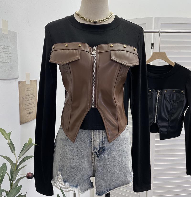 

Faux Two-Piece PU Leather Zipper Pullover Long Sleeve Slim Top 89901 One Size хакі