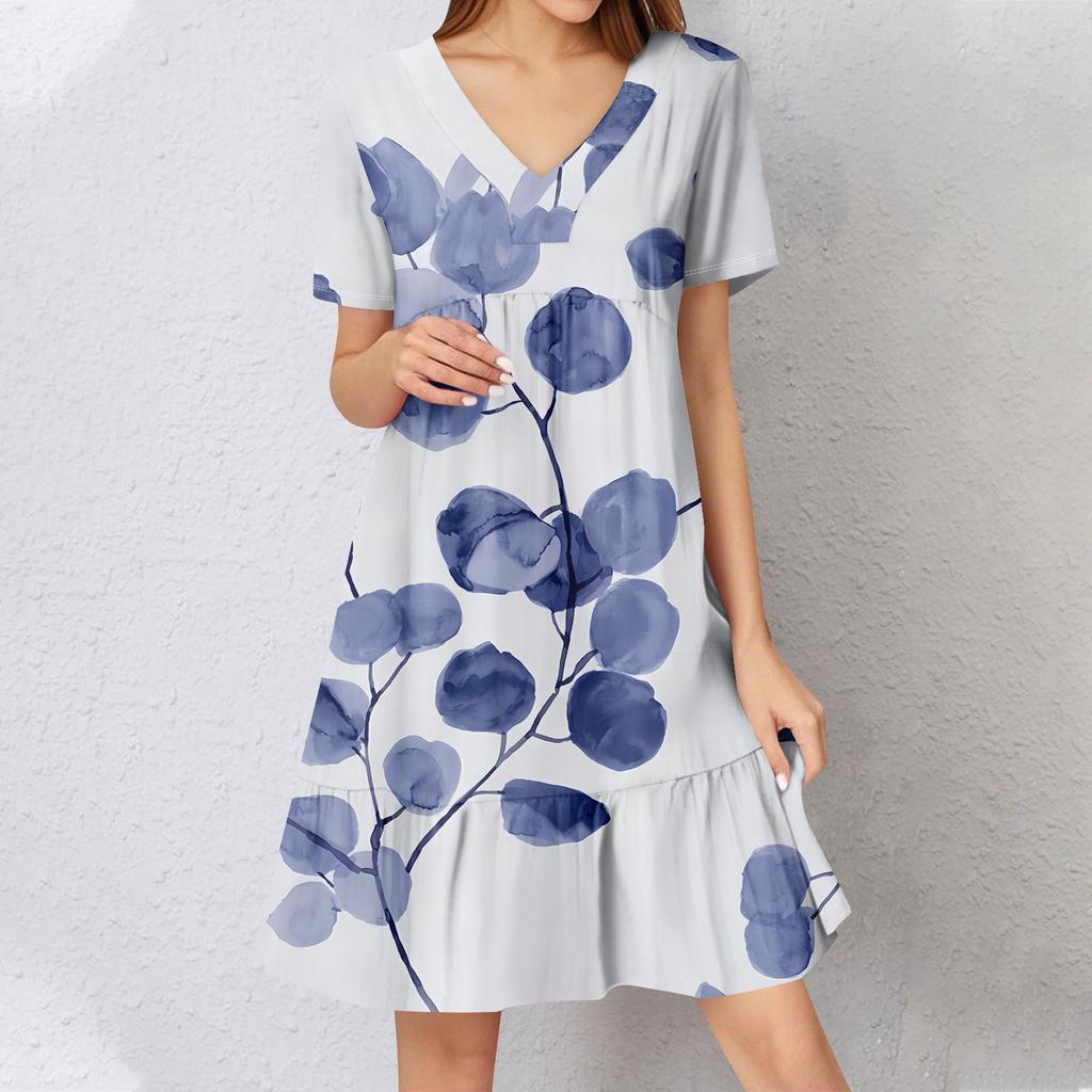 Womens Summer Dress Short Sleeve V Neck Short Dresses Fashion Casual Flowy Boho Ruffle A Line Swing Sundress