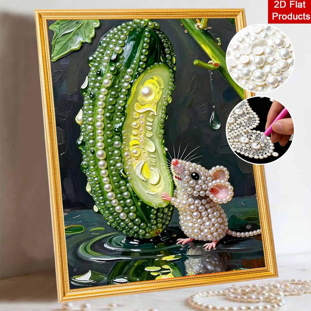DIY Pearl Painting Canvas Cute Mouse & Cucumber Design Shiny 3D Bead Art Kit Creative Leisure Craft for Living Room Wall Decor