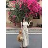 French Apricot Polka Dot Split Vest Dress Women's Summer Waist Strap-up Skirt Slim-fitting and Thin A-word Long Dress