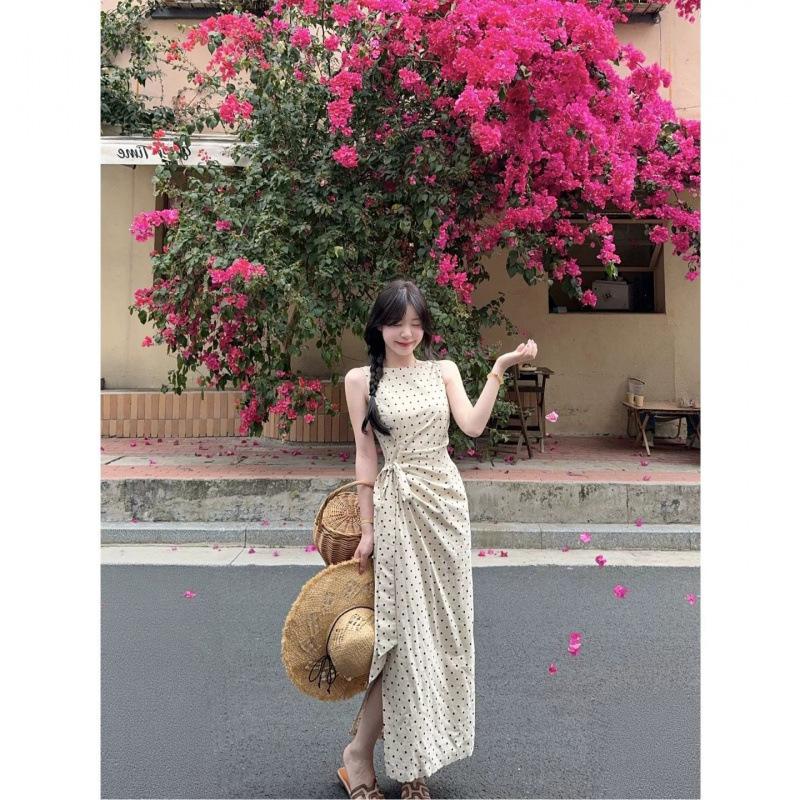 French Apricot Polka Dot Split Vest Dress Women's Summer Waist Strap-up Skirt Slim-fitting and Thin A-word Long Dress