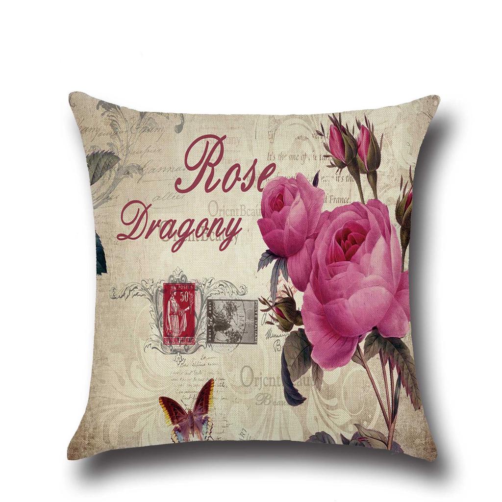 Pure Floral Linen Cushion Rose Pillow for Home Chair Sofa Decorative Oil Painting Flowers Pillowcase