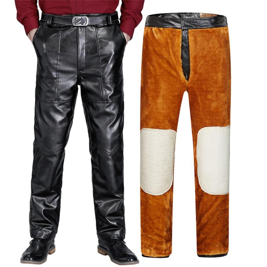 Winter Herren Lederhose Verdickte Taille und Knie Freizeithose