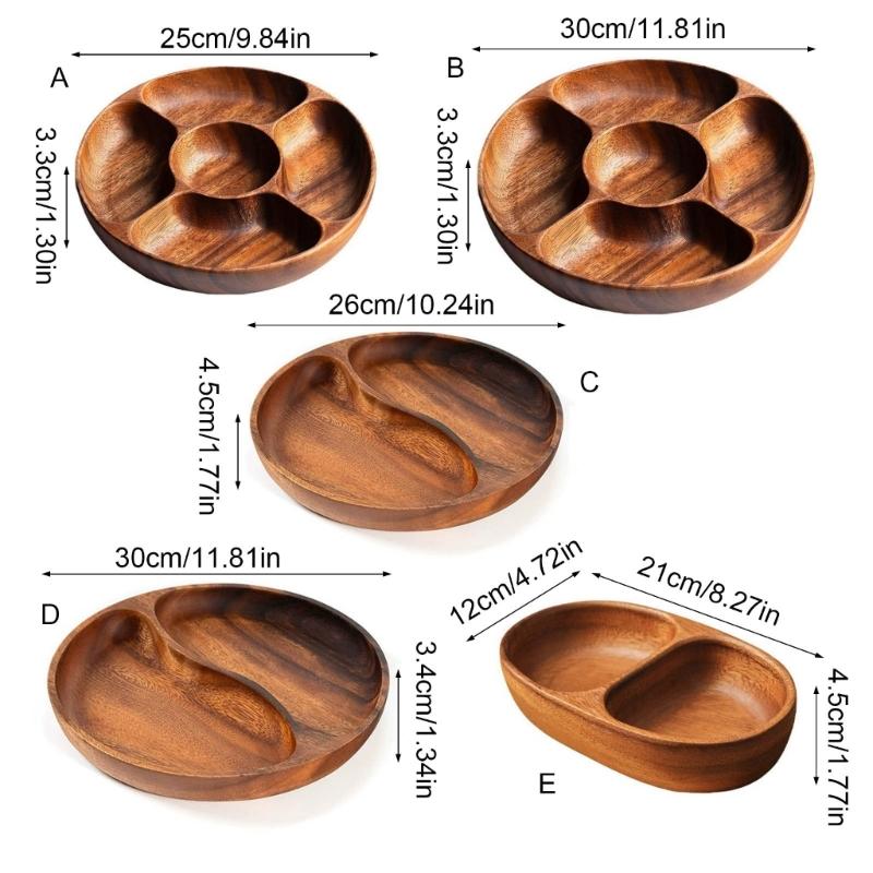 Wood Divided Serving Tray Appetizer Platter Snacks Tray with Dining Grid Round Serving Dishes Nut Holder Platters