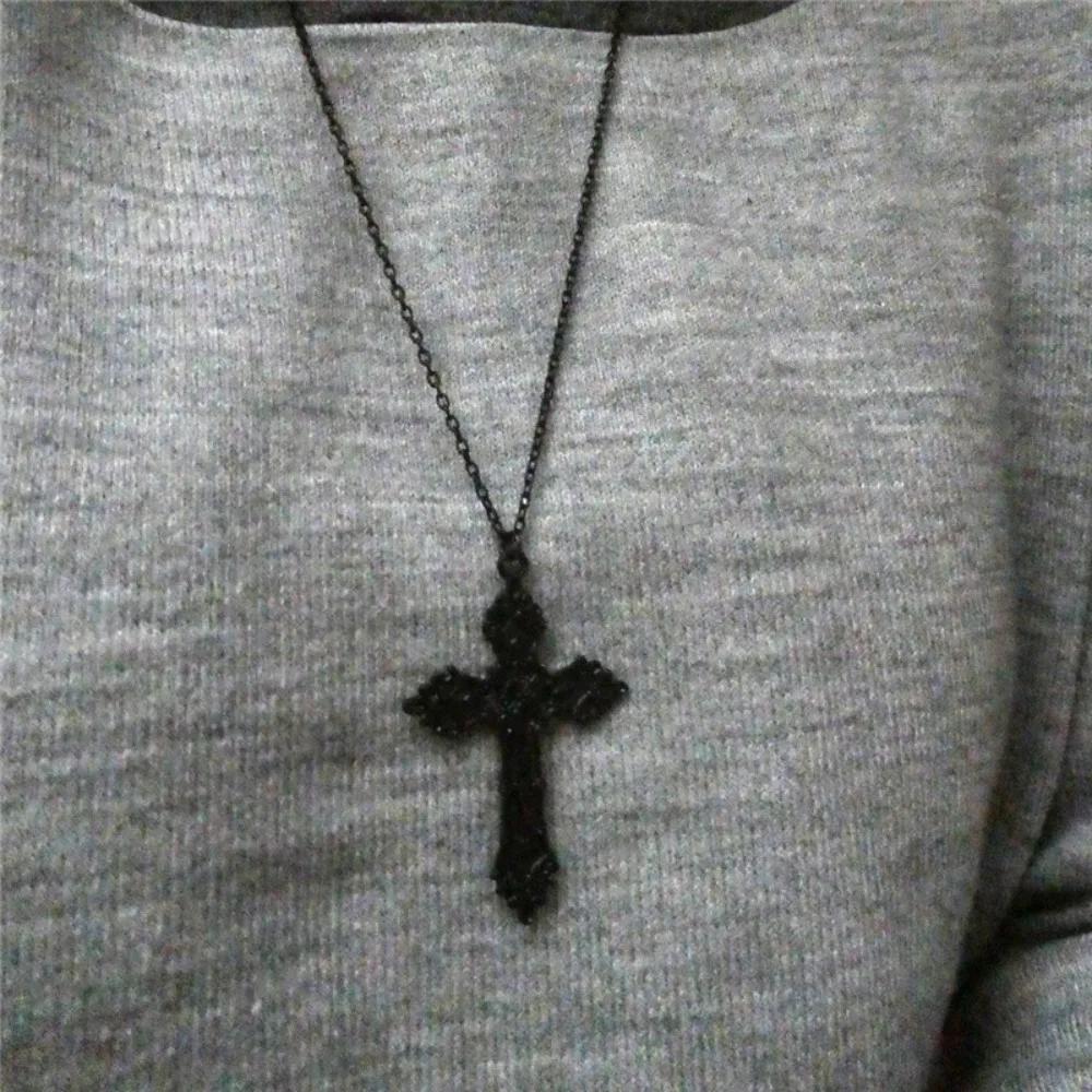 Gothic Punk Black Hollow Out Relief Pattern Cross Pendant Necklace for Women Men Hallowmas Party Hip-hop Rock Jewelry Gifts