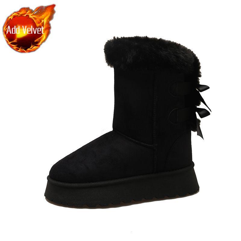Fashion Bow Round Toe Half High Snow Boots for Women Winter Plush Warm Chunky Woman Shoes 2025 Novelty Designer Luxury Fashion Footwear
