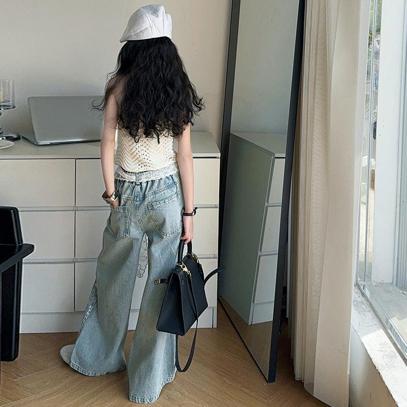 Kids Streetwear Y2k Jeans Girl Lace Drawstring Denim Pants Child Fashion Hip Hop Jeans Trousers