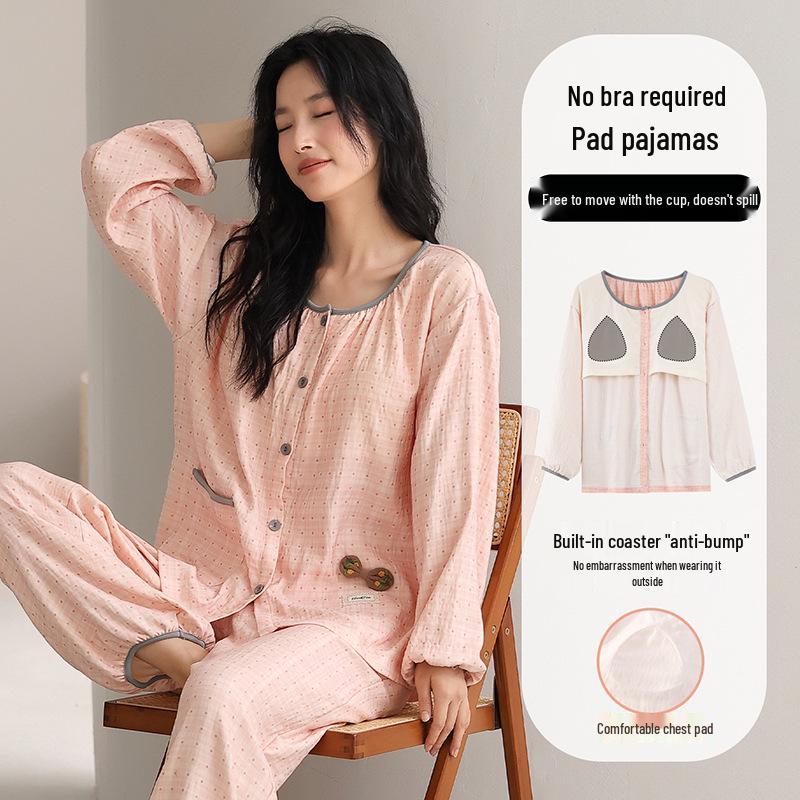 Women's Cloud Cotton Pajama Set with Chest Pads - Long Sleeve & Pants for Indoor/Outdoor Wear In Spring, Autumn, and Winter