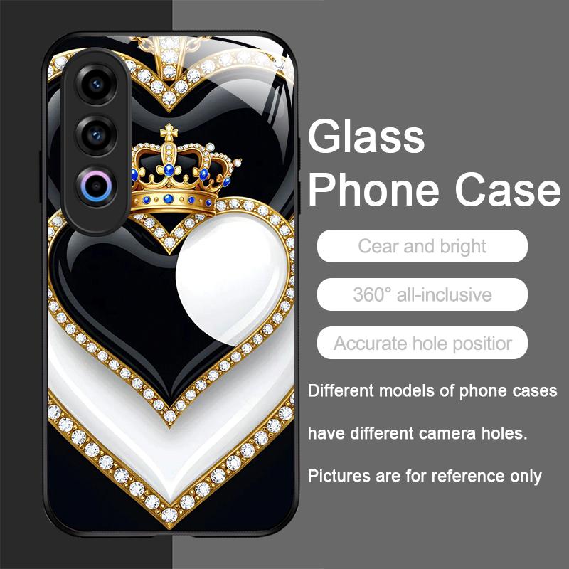 Stylish Black White Heart with Pearls Tempered Glass Phone Case for Oneplus 13R 12 11 10 9 Nord CE4 3 2 Lite ACE2 ACE3 Pro Cover