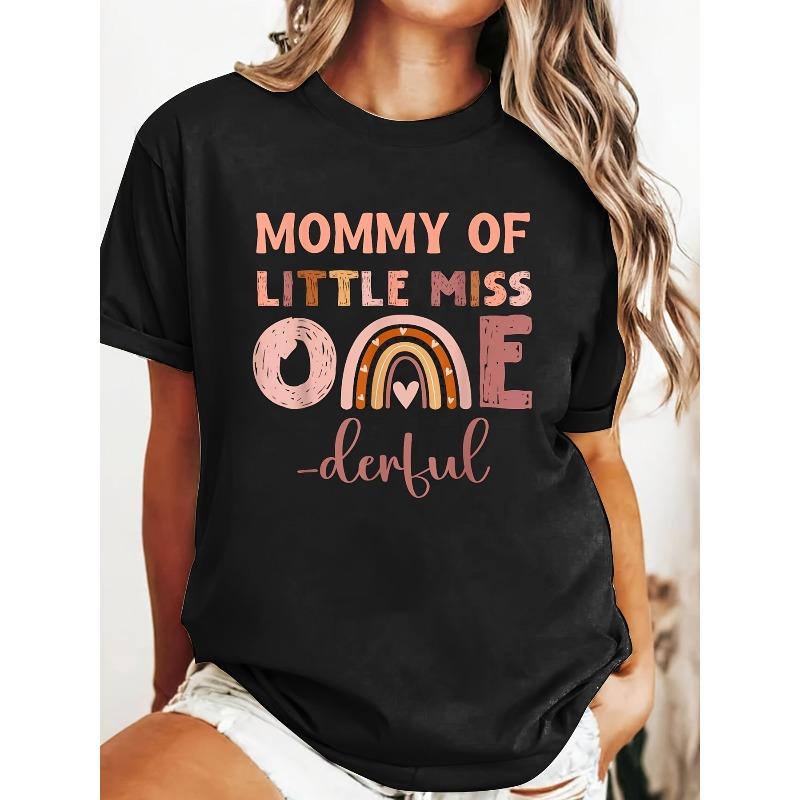

Bohemian Mom, Celebrating The Little Princess s First Birthday Graphic Print, Short Sleeve Crew Neck Casual Top for Summer & Spring, Women s Clothing S чёрный