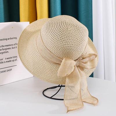 Foldable Straw Wide Brim Hat with Bowknot for Women Summer Sun Protection Casual Style