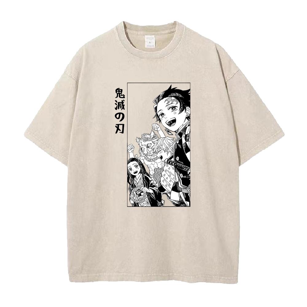 Heißer Anime Demon Slayer Kokushibo Bedrucktes T-Shirt Herren Übergroße Freizeit-T-Shirts Vintage Gewaschenes T-Shirt Harajuku Herren Baumwoll-T-Shirt