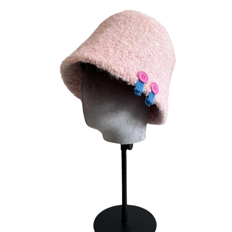 Wool Loop Yarn Thickened Bucket Hat Cute Button Shelf College Wind Small Fresh Warm Fisherman Hat