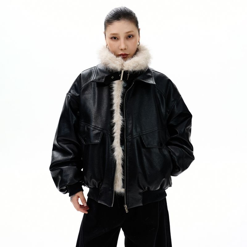 Kisko Winter American-Style Thickened Stand-Collar Leather Jacket Cotton Coat for Men and Women, High-End, Warm, Loose-Fitting Trendy Outerwear