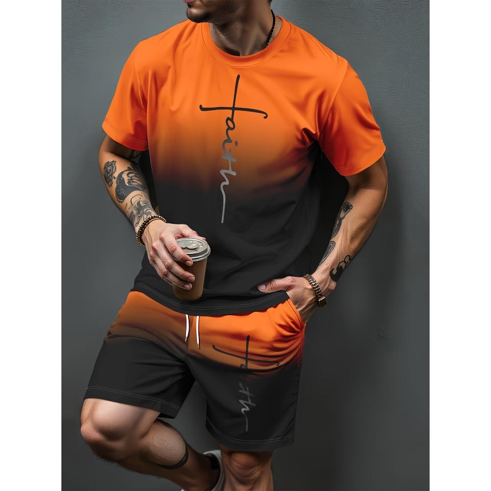 Men's Short-Sleeve Shorts Set, Sports Outfit, Summer T-Shirt & Shorts, Fitness Casual