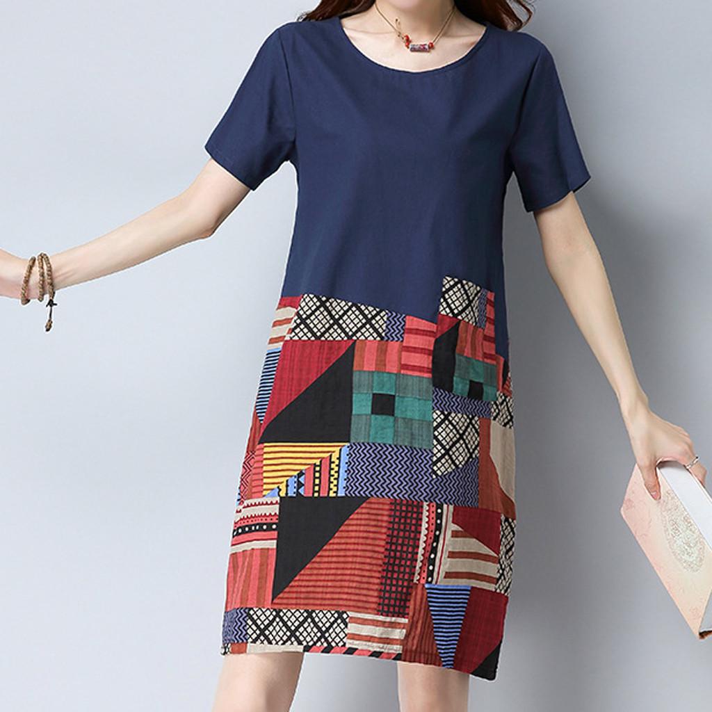 

Женское повседневное свободное платье с принтом из хлопка и льна с коротким рукавом и круглым вырезом XXL тёмно-синий