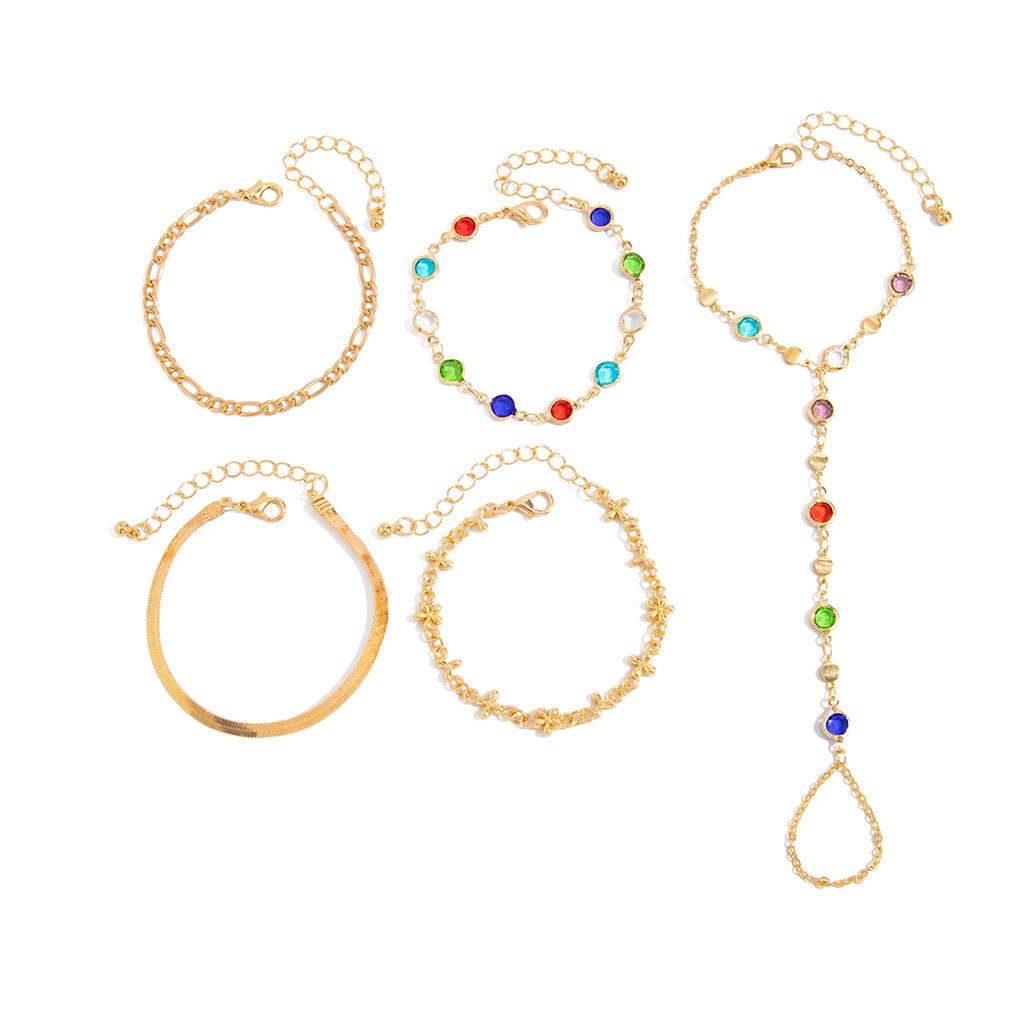 Ingemark 5Pcs/Set Elegant Colorful Zircon Bracelet for Women Fashion Exquisite Finger Ring Connect Bangle Party Jewelry Gifts