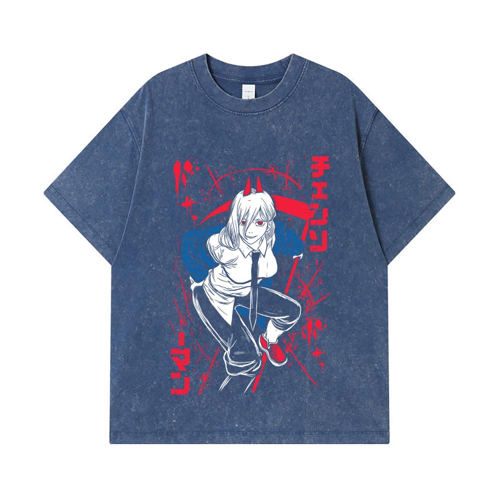 

275 GSM Washed T-shirts 100% Cotton Chainsaw Man V32 Power Print Unisex Heavy Cotton T Shirt 2XL королівський синій колір