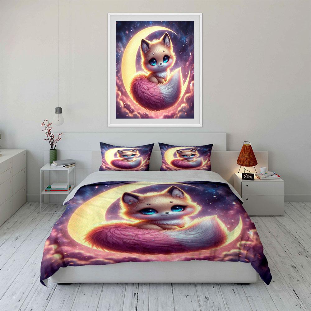 Dreamy Blue-Eyed Fox On Moon Printed Duvet Cover Set1 Duvet Cover+2 Pillowcasemulti Size Bedroom Bedding Decor Luxury Gifts