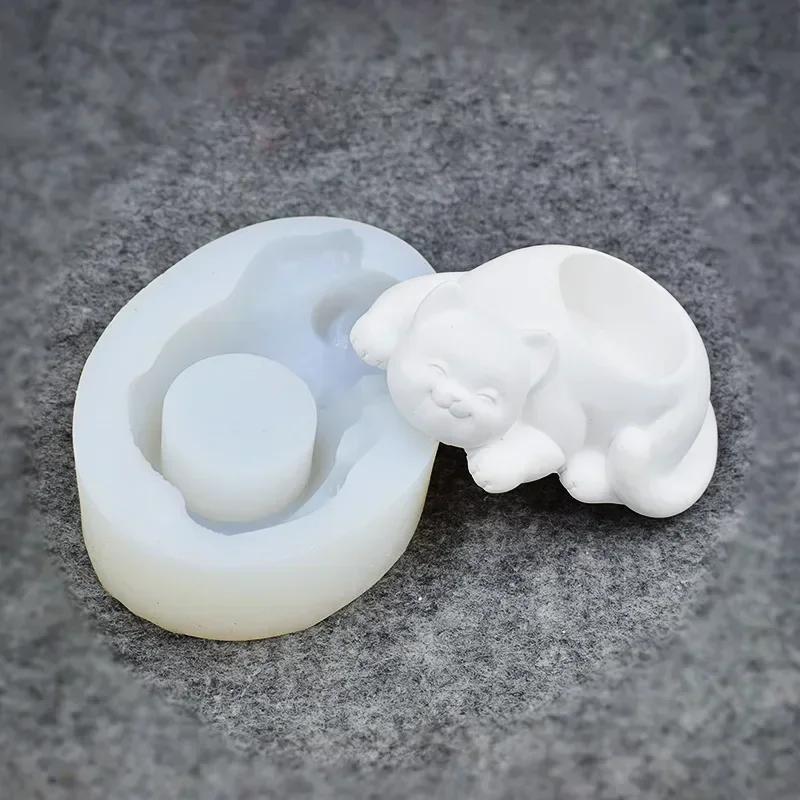 Cartoon Cat Succulent Flowerpot Mold Home Cat Plaster Ornament Storage Tray Mold Creative Bonsai Decor Mold Baking Candy Mold