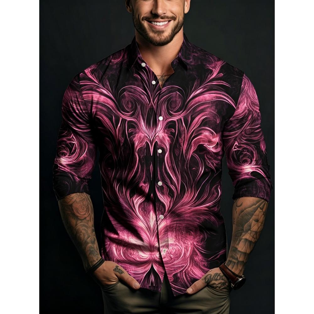 Men's Symmetrical Fluid Pattern Printed Long Sleeved Shirt with Lapel Buttons, Nightclub Party Trendy Men's Top